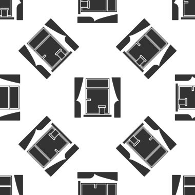 Oda ikonunda perdeleri olan gri pencere beyaz arka planda izole edilmiş pürüzsüz desen. Vektör İllüstrasyonu