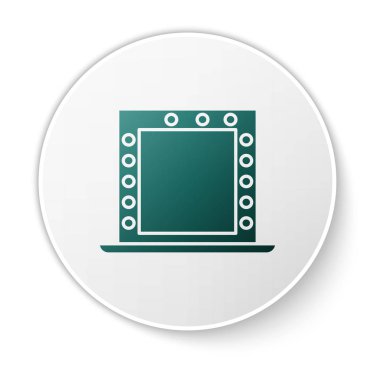 Beyaz arkaplanda ışık simgesi olan yeşil makyaj aynası. Beyaz daire düğmesi. Vektör İllüstrasyonu