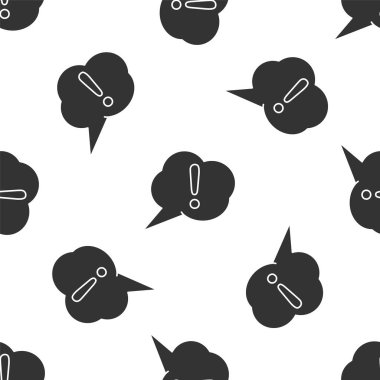 Gri konuşma balonu ve Ünlem simgesi beyaz arka planda kusursuz desen izole etti. Faq işareti. Dosyaları kopyala, konuşma balonu ve grafiğini çıkar. Vektör İllüstrasyonu