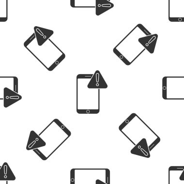 Ünlem işareti simgesi olan gri cep telefonu beyaz arka planda izole edilmiş kusursuz desen. Uyarı mesajı akıllı telefon uyarısı. Vektör İllüstrasyonu