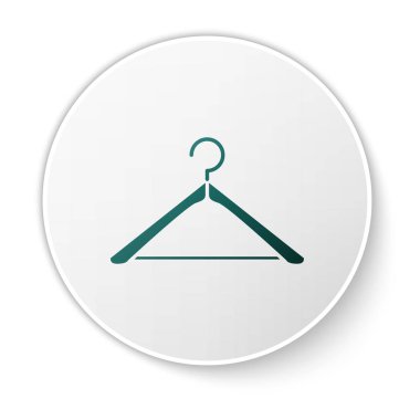 Yeşil Askı elbise ikonu beyaz arka planda izole edildi. Vestiyer ikonu. Kıyafet servis sembolü. Çamaşır askı tabelası. Beyaz daire düğmesi. Vektör İllüstrasyonu