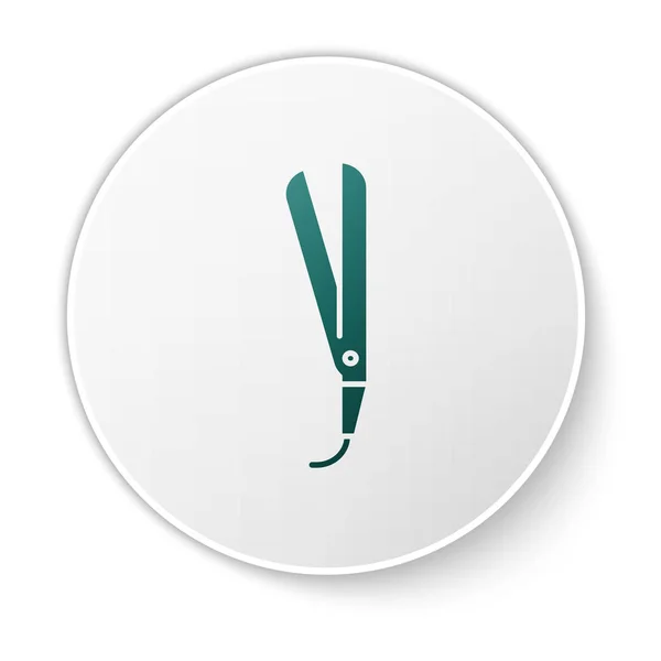 Curling hierro verde para el icono del cabello aislado sobre fondo blanco. Icono de plancha para el cabello. Botón círculo blanco. Ilustración vectorial — Archivo Imágenes Vectoriales