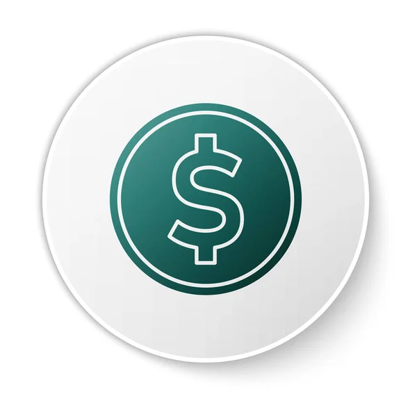 Green Coin money with dollar symbol icon isolated on white background. Banking currency sign. Cash symbol. White circle button. Vector Illustration — Stock Vector