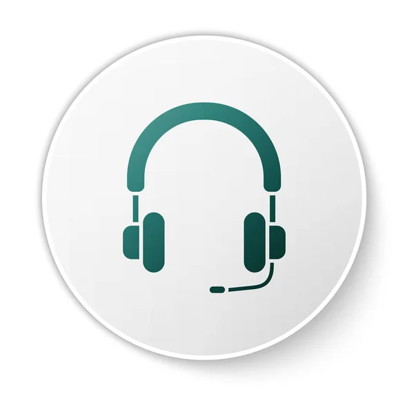 Groene koptelefoon pictogram geïsoleerd op witte achtergrond. Oortelefoons. Concept voor het luisteren naar muziek, service, communicatie en operator. Witte cirkel knop. Vector Illustratie — Stockvector