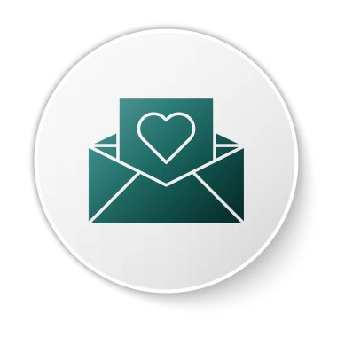 Beyaz arka planda Sevgililer Günü kalp ikonu olan yeşil zarf. Mesaj aşkım. Aşk ve romantizm mektubu. Beyaz daire düğmesi. Vektör İllüstrasyonu