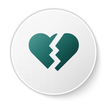 Yeşil Kırık Kalp ya da beyaz arka planda izole edilmiş boşanma ikonu. Aşk sembolü. Sevgililer Günü. Beyaz daire düğmesi. Vektör İllüstrasyonu