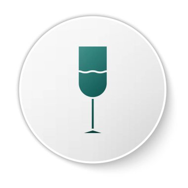 Beyaz arka planda izole edilmiş yeşil şarap cam ikonu. Şarap kadehi ikonu. Kadeh işareti. Cam levhası. Beyaz daire düğmesi. Vektör İllüstrasyonu