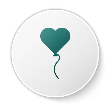 Beyaz arka planda izole edilmiş kurdele ikonu olan kalp şeklinde yeşil balonlar. Sevgililer Günü sembolü. Beyaz daire düğmesi. Vektör İllüstrasyonu