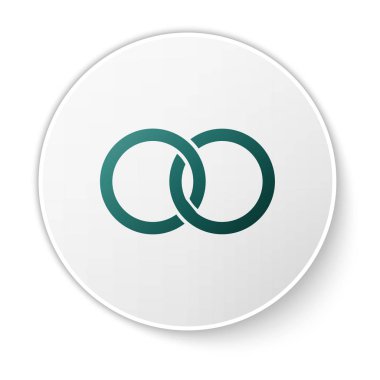 Yeşil alyans simgesi beyaz arkaplanda izole edildi. Gelin ve damat mücevher tabelası. Evlilik ikonu. Elmas yüzük ikonu. Beyaz daire düğmesi. Vektör İllüstrasyonu