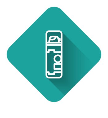 Beyaz çizgi tıraş köpüğü ikonu uzun gölgeli. Tıraş köpüğü. Yeşil kare düğmesi. Vektör İllüstrasyonu