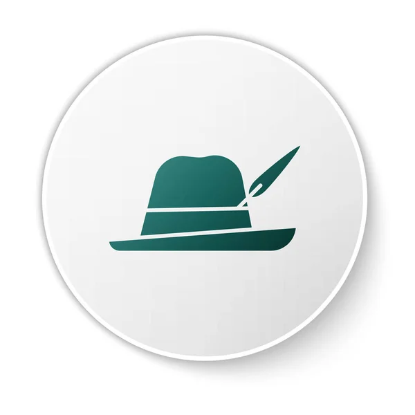 緑色のオクトーバーフェストの帽子のアイコンは白い背景に隔離されています。羽のついたハンター帽子。ドイツの帽子白い丸ボタン。ベクターイラスト — ストックベクタ