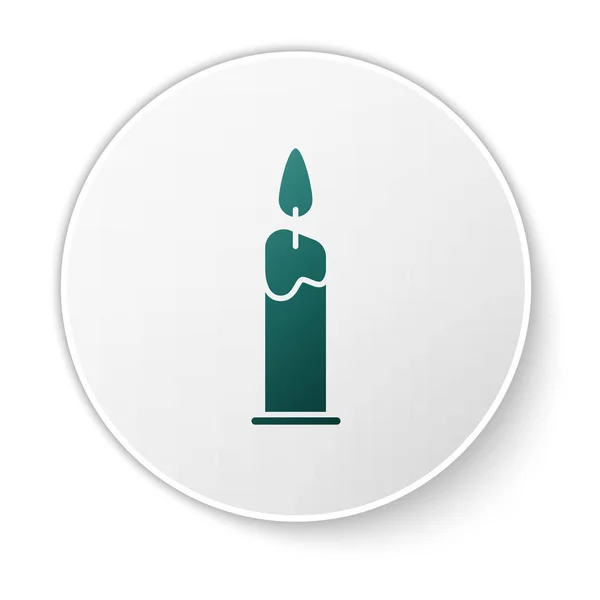 Green Burning candle in candlestick icon isolated on white background. Cylindrical candle stick with burning flame. White circle button. Vector Illustration — Stock Vector