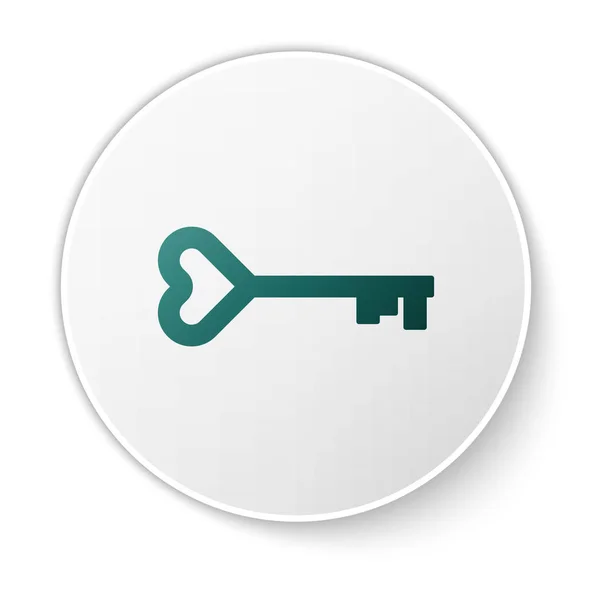 Zelený klíč ve tvaru srdce ikona izolované na bílém pozadí. Symbol Valentýna. Bílý knoflík. Vektorová ilustrace — Stockový vektor