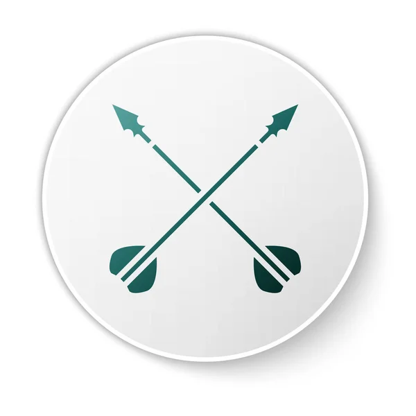 Icono de flechas cruzadas medievales verdes aisladas sobre fondo blanco. Arma medieval. Botón círculo blanco. Ilustración vectorial — Archivo Imágenes Vectoriales