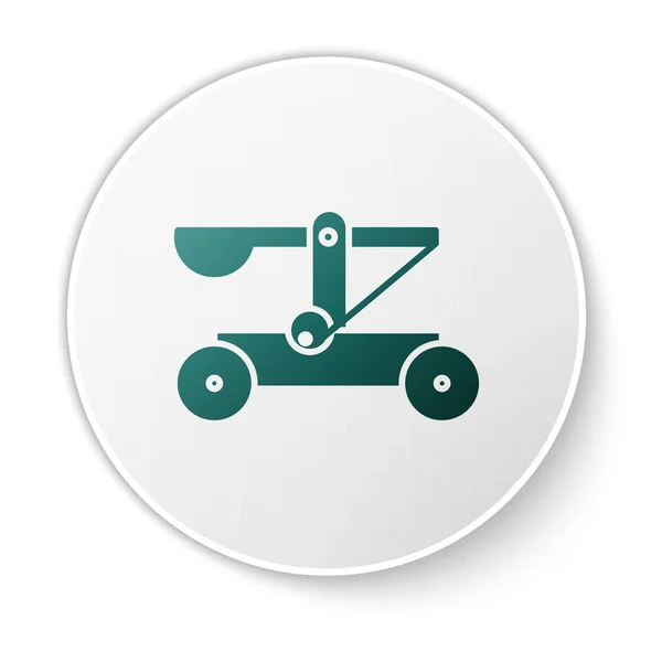 Green Old medieval wooden catapult shooting stones icon isolated on white background. White circle button. Vector Illustration — 스톡 벡터