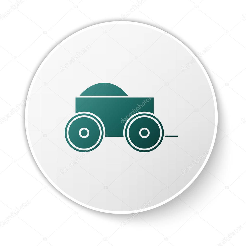 Green Wooden four-wheel cart with hay icon isolated on white background. White circle button. Vector Illustration