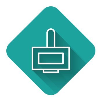 Beyaz çizgili oje şişesi ikonu uzun gölgeli. Yeşil kare düğmesi. Vektör İllüstrasyonu