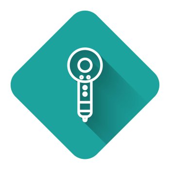 Uzun gölgeli beyaz çizgi saç kurutma ikonu. Saç kurutma makinesi tabelası. Saç kurutma sembolü. Sıcak hava üflüyor. Yeşil kare düğmesi. Vektör İllüstrasyonu