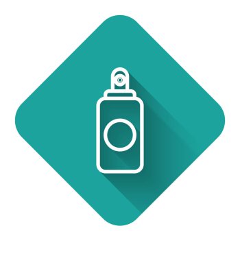 Oda spreyi için beyaz çizgi spreyi, saç spreyi, deodorant, uzun gölgeli terleme önleyici ikon. Yeşil kare düğmesi. Vektör İllüstrasyonu