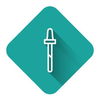 Beyaz çizgi Pipette ikonu uzun gölgeli izole edilmiş. Tıbbi, kozmetik, kimya laboratuvarı ekipmanları. Yeşil kare düğmesi. Vektör İllüstrasyonu