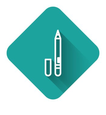 Beyaz çizgili göz kalemi, uzun gölgeli kaş ikonu. Gözler için kalem. Yeşil kare düğmesi. Vektör İllüstrasyonu