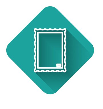 Beyaz çizgi Resim simgesi uzun gölgeli izole edilmiş. Yeşil kare düğmesi. Vektör İllüstrasyonu