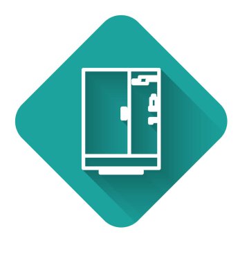 Beyaz çizgi duş kabini ikonu uzun gölgeli izole edilmiş. Yeşil kare düğmesi. Vektör İllüstrasyonu