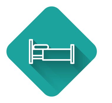 Beyaz çizgi yatak ikonu uzun gölgeli izole edilmiş. Yeşil kare düğmesi. Vektör İllüstrasyonu