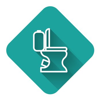 Uzun gölgeli beyaz çizgi tuvalet klozeti ikonu. Yeşil kare düğmesi. Vektör İllüstrasyonu