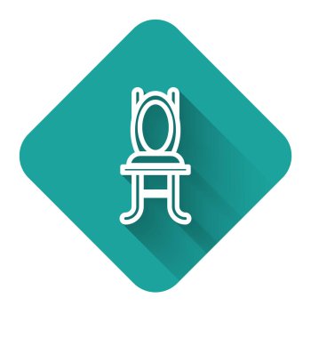 Beyaz çizgi sandalye simgesi uzun gölgeli izole edilmiş. Yeşil kare düğmesi. Vektör İllüstrasyonu