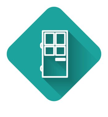 Beyaz çizgi kapalı kapı simgesi uzun gölgeli izole edilmiş. Yeşil kare düğmesi. Vektör İllüstrasyonu