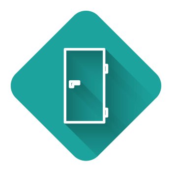 Beyaz çizgi kapalı kapı simgesi uzun gölgeli izole edilmiş. Yeşil kare düğmesi. Vektör İllüstrasyonu