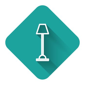 Beyaz çizgi lamba ikonu uzun gölgeli izole edilmiş. Yeşil kare düğmesi. Vektör İllüstrasyonu