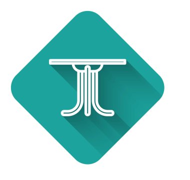 Beyaz çizgi yuvarlak masa ikonu uzun gölgeli izole edilmiş. Yeşil kare düğmesi. Vektör İllüstrasyonu