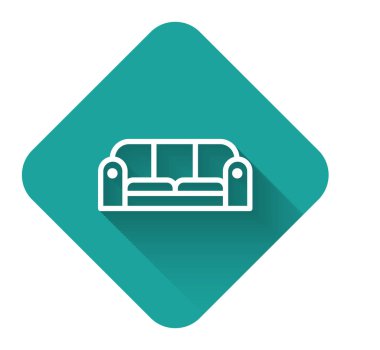 Beyaz çizgi kanepe uzun gölgeli izole edilmiş. Yeşil kare düğmesi. Vektör İllüstrasyonu