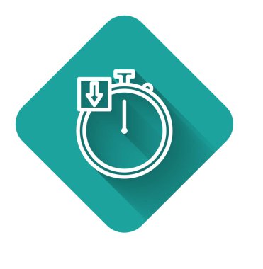 Beyaz çizgi Stopwatch simgesi uzun gölgeli izole edildi. Zaman göstergesi. Kronometre. Yeşil kare düğmesi. Vektör İllüstrasyonu