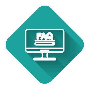 Metin Faq bilgi simgesi ile uzun gölgeli beyaz çizgi bilgisayar monitörü. Sık sık sorulan sorular. Yeşil kare düğmesi. Vektör İllüstrasyonu