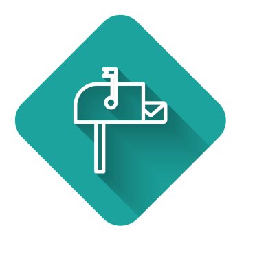 Beyaz çizgi Açık posta kutusu simgesi uzun gölgeyle izole edildi. Posta kutusu simgesi. Posta kutusunda bayrak var. Yeşil kare düğmesi. Vektör İllüstrasyonu