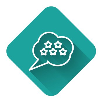 Beyaz çizgi Beş yıldızlı müşteri ürün değerlendirme simgesi uzun gölgeli izole edildi. Favori, en iyi derecelendirme, ödül sembolü. Yeşil kare düğmesi. Vektör İllüstrasyonu