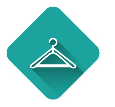 Uzun gölgeli beyaz çizgili elbise askısı ikonu. Vestiyer ikonu. Kıyafet servis sembolü. Çamaşır askı tabelası. Yeşil kare düğmesi. Vektör İllüstrasyonu