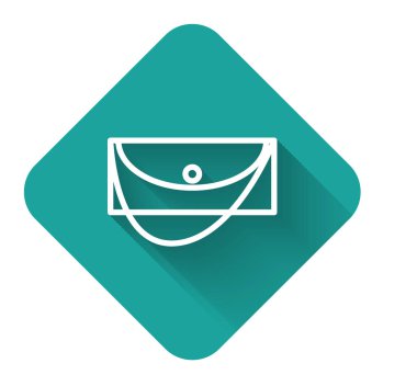 Beyaz çizgi debriyaj çantası simgesi uzun gölgeli izole edildi. Kadın el çantası. Yeşil kare düğmesi. Vektör İllüstrasyonu