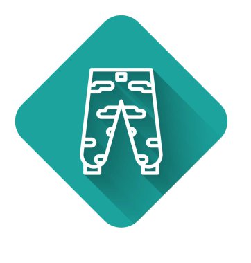 Uzun gölgeli beyaz çizgi kamuflaj kargo pantolon ikonu. Yeşil kare düğmesi. Vektör İllüstrasyonu