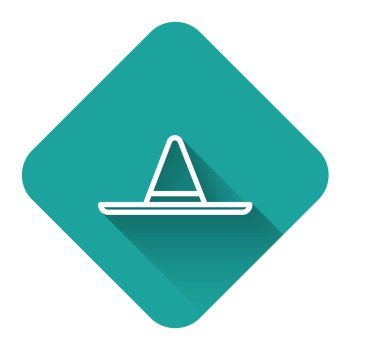 Beyaz çizgi bahçıvanı, çiftçi ya da tarımcı şapka ikonu uzun gölgeli. Yeşil kare düğmesi. Vektör İllüstrasyonu