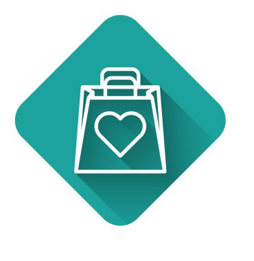 Uzun gölgeli, kalp simgesi olan beyaz bir alışveriş torbası. Alışveriş torbası sevgisi kalp ikonu gibidir. Sevgililer Günü sembolü. Yeşil kare düğmesi. Vektör İllüstrasyonu