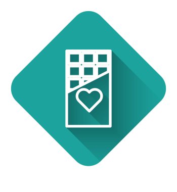 Uzun gölgeli beyaz çizgi çikolata ikonu. Sevgililer Günü sembolü. Yeşil kare düğmesi. Vektör İllüstrasyonu