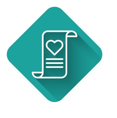 Sevgililer Günü kalp ikonu uzun gölgeli beyaz çizgi. Mesaj aşkım. Aşk ve romantizm mektubu. Yeşil kare düğmesi. Vektör İllüstrasyonu