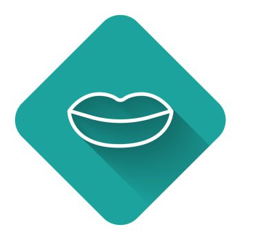 Gülen dudak simgesi uzun gölgeli beyaz çizgi. Gülümse. Yeşil kare düğmesi. Vektör İllüstrasyonu