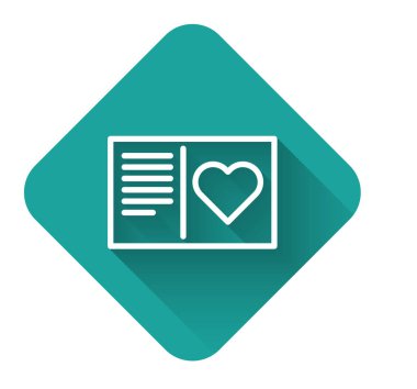 Sevgililer Günü broşüründe uzun gölgeli kalp ikonu olan beyaz çizgi. Kutlama için davetiye ya da tebrik kartı şablonu. Yeşil kare düğmesi. Vektör İllüstrasyonu