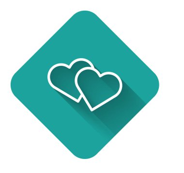 Beyaz çizgi kalp ikonu uzun gölgeli izole edilmiş. Romantik sembol, bağlanma, tutku ve düğün. Sevgililer Günü sembolü. Yeşil kare düğmesi. Vektör İllüstrasyonu