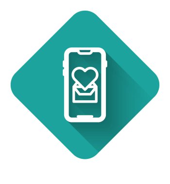 Uzun gölgeli, kalp simgesi olan beyaz çizgi cep telefonu. Sevgililer Günü. Yeşil kare düğmesi. Vektör İllüstrasyonu